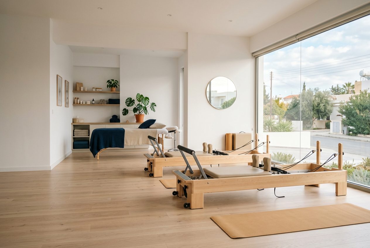 A bright studio with Pilates reformers and a treatment table